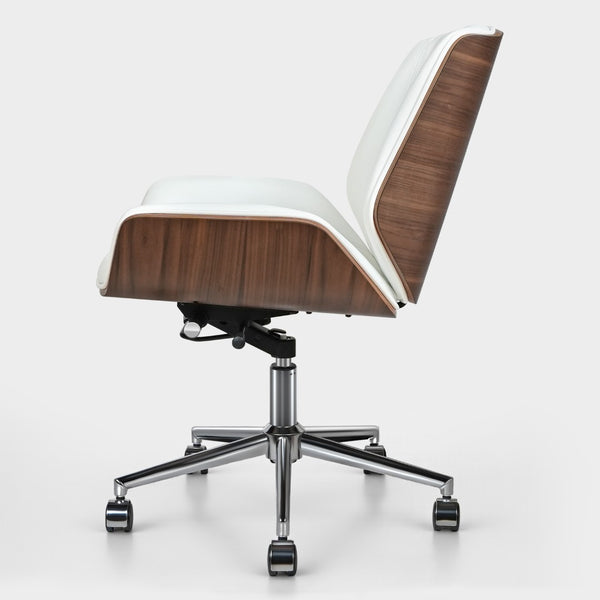 HomeRoots White Adjustable Height Swivel Rolling Conference Chair - Modern Style with Walnut & Silver Accents 645618