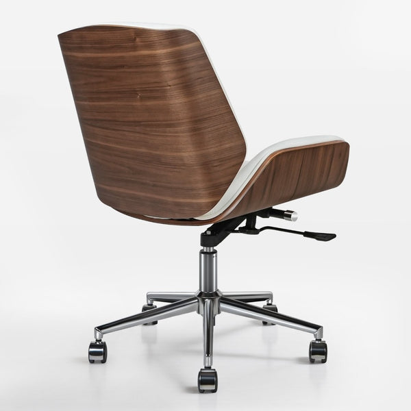 HomeRoots White Adjustable Height Swivel Rolling Conference Chair - Modern Style with Walnut & Silver Accents 645618
