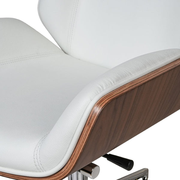 HomeRoots White Adjustable Height Swivel Rolling Conference Chair - Modern Style with Walnut & Silver Accents 645618
