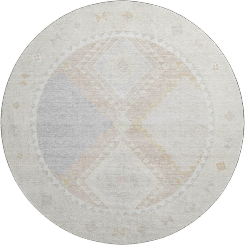 HomeRoots 8' Gray and Ivory Geometric Round Rug - Washable, UV Protected, Stylish Comfort for Any Space 645621