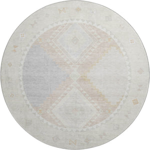 HomeRoots 8' Gray and Ivory Geometric Round Rug - Washable, UV Protected, Stylish Comfort for Any Space 645621