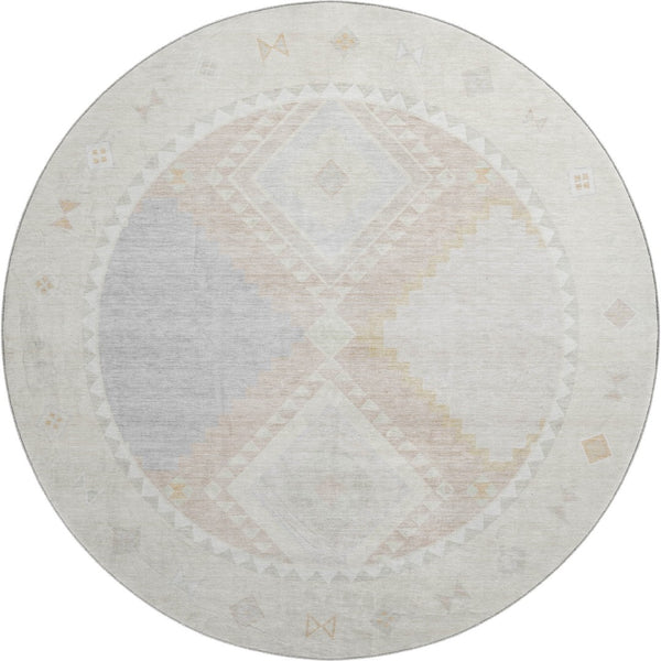 HomeRoots 8' Gray and Ivory Geometric Round Rug - Washable, UV Protected, Stylish Comfort for Any Space 645621