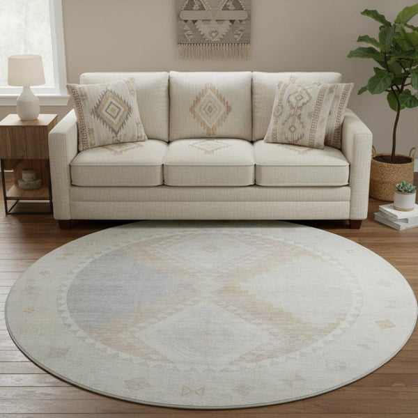 HomeRoots 8' Gray and Ivory Geometric Round Rug - Washable, UV Protected, Stylish Comfort for Any Space 645621