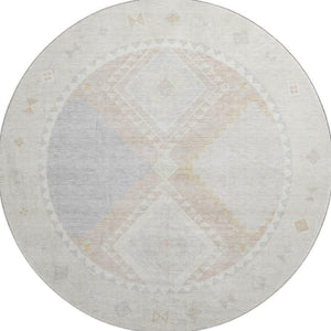 HomeRoots 8' Gray and Ivory Geometric Round Rug - Washable, UV Protected, Stylish Comfort for Any Space 645621
