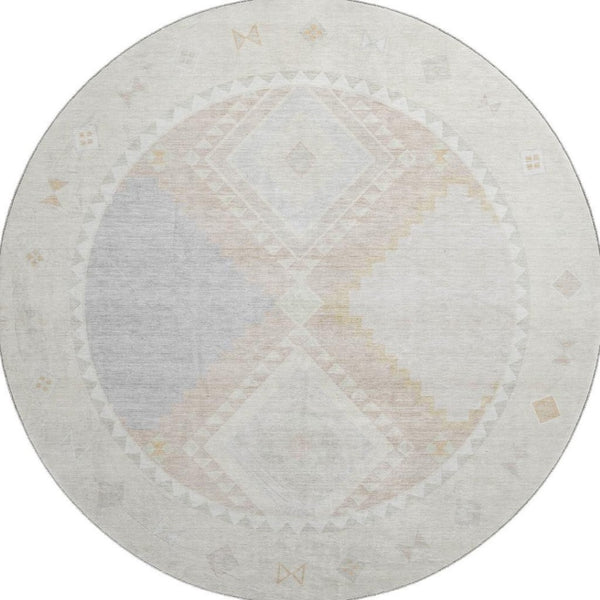 HomeRoots 8' Gray and Ivory Geometric Round Rug - Washable, UV Protected, Stylish Comfort for Any Space 645621