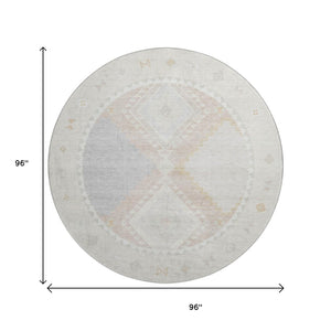 HomeRoots 8' Gray and Ivory Geometric Round Rug - Washable, UV Protected, Stylish Comfort for Any Space 645621
