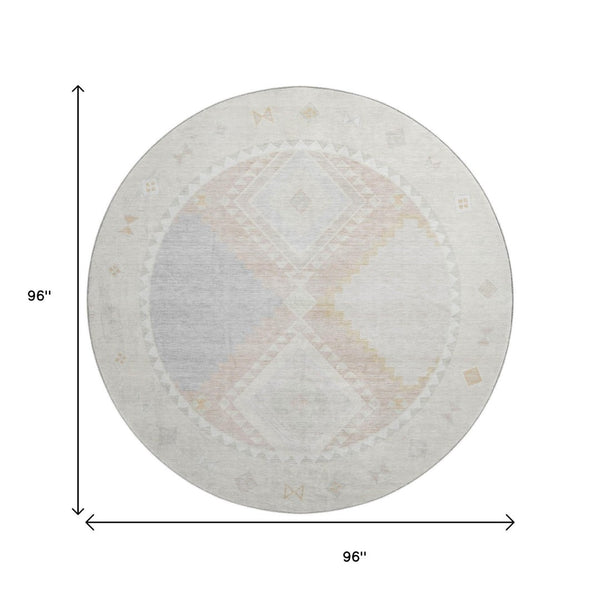 HomeRoots 8' Gray and Ivory Geometric Round Rug - Washable, UV Protected, Stylish Comfort for Any Space 645621
