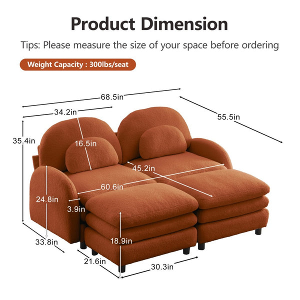 English Elm Teddy Fleece Modular Cloud Sofa with Curved Silhouette Ottomans and Lumbar Pillows Orange W5656S00094