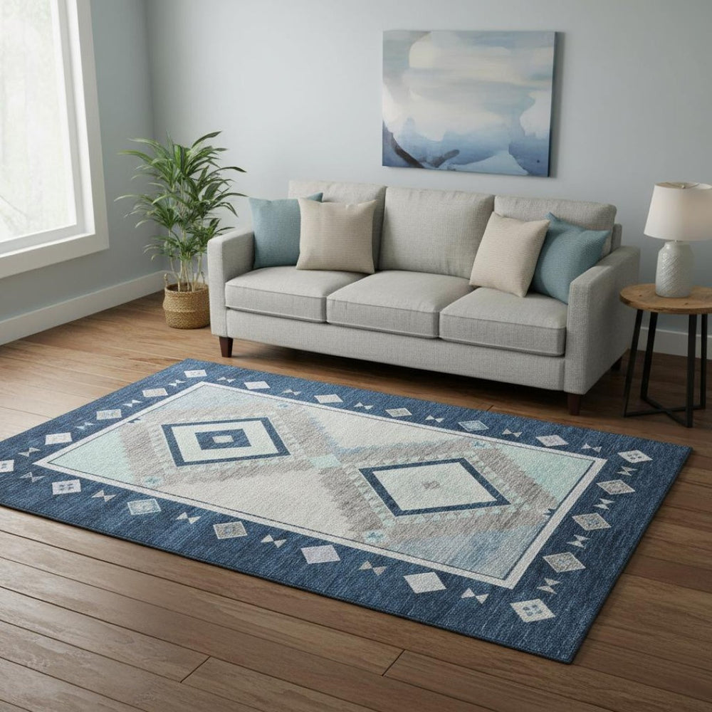HomeRoots 5' X 8' Blue and Ivory Geometric Area Rug - Washable, Stain-Resistant, Perfect for Busy Homes! 645632