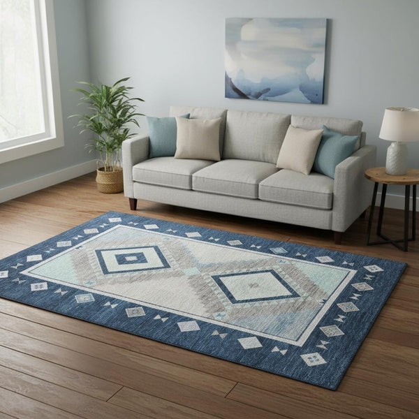 HomeRoots 5' X 8' Blue and Ivory Geometric Area Rug - Washable, Stain-Resistant, Perfect for Busy Homes! 645632