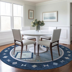 HomeRoots 8' Blue And Ivory Geometric Round Rug - Washable, UV Protected, Durable for High-Traffic Spaces 645633
