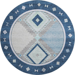 HomeRoots 8' Blue And Ivory Geometric Round Rug - Washable, UV Protected, Durable for High-Traffic Spaces 645633