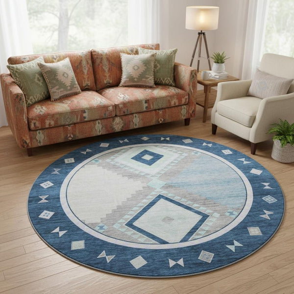 HomeRoots 8' Blue And Ivory Geometric Round Rug - Washable, UV Protected, Durable for High-Traffic Spaces 645633