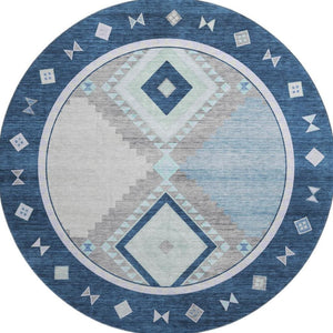 HomeRoots 8' Blue And Ivory Geometric Round Rug - Washable, UV Protected, Durable for High-Traffic Spaces 645633