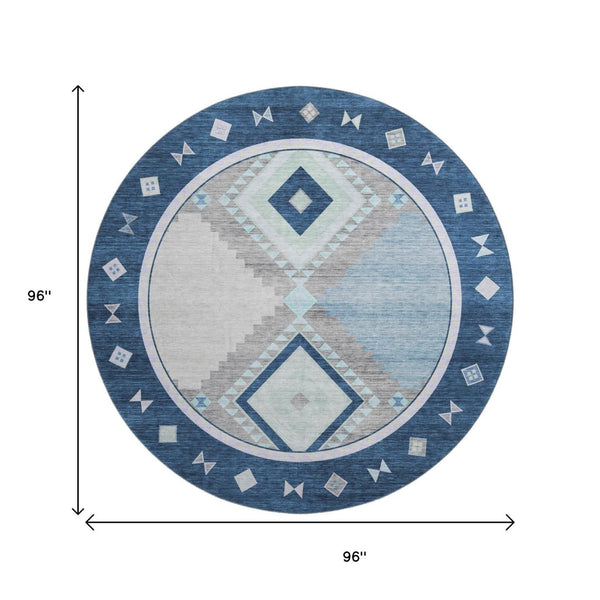 HomeRoots 8' Blue And Ivory Geometric Round Rug - Washable, UV Protected, Durable for High-Traffic Spaces 645633