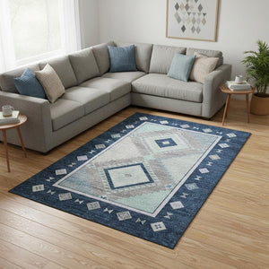 HomeRoots 8' X 10' Washable Blue and Ivory Geometric Area Rug with UV Protection - Ideal for Family Spaces! 645634