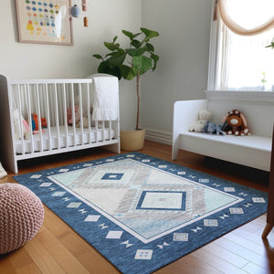 HomeRoots 9' X 12' Blue & Ivory Geometric Washable Area Rug - Stain-Resistant, UV Protected, Durable Design 645635