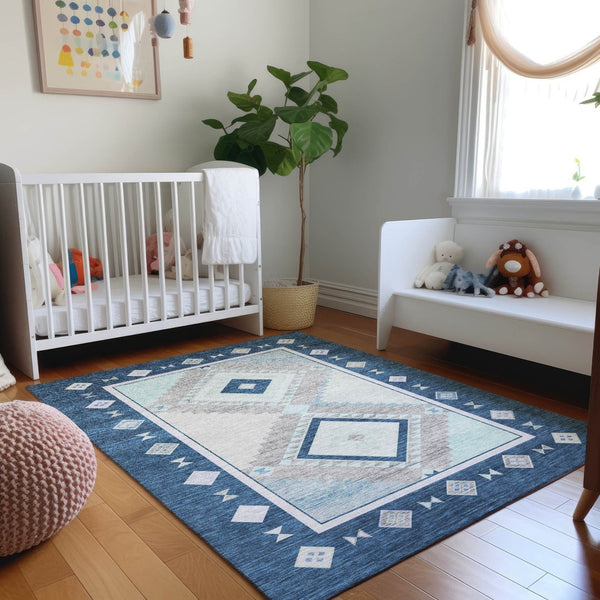 HomeRoots 9' X 12' Blue & Ivory Geometric Washable Area Rug - Stain-Resistant, UV Protected, Durable Design 645635