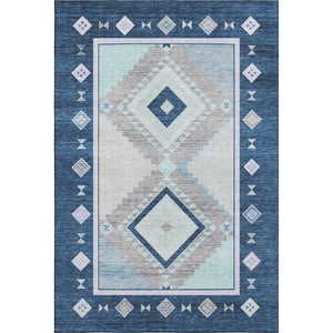 HomeRoots 9' X 12' Blue & Ivory Geometric Washable Area Rug - Stain-Resistant, UV Protected, Durable Design 645635