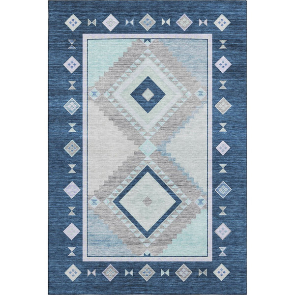 HomeRoots 9' X 12' Blue & Ivory Geometric Washable Area Rug - Stain-Resistant, UV Protected, Durable Design 645635
