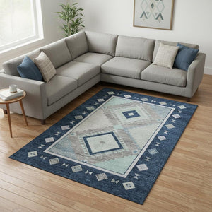 HomeRoots 9' X 12' Blue & Ivory Geometric Washable Area Rug - Stain-Resistant, UV Protected, Durable Design 645635