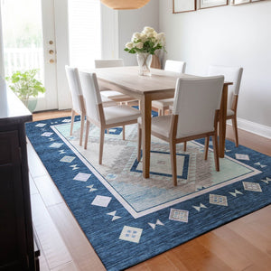 HomeRoots 9' X 12' Blue & Ivory Geometric Washable Area Rug - Stain-Resistant, UV Protected, Durable Design 645635
