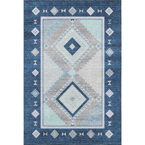 HomeRoots 9' X 12' Blue & Ivory Geometric Washable Area Rug - Stain-Resistant, UV Protected, Durable Design 645635