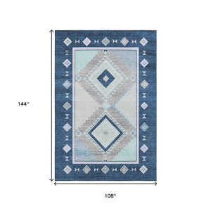 HomeRoots 9' X 12' Blue & Ivory Geometric Washable Area Rug - Stain-Resistant, UV Protected, Durable Design 645635