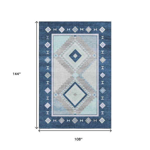 HomeRoots 9' X 12' Blue & Ivory Geometric Washable Area Rug - Stain-Resistant, UV Protected, Durable Design 645635