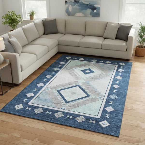 HomeRoots 10' Blue and Ivory Geometric Area Rug - Washable, UV Protected, Stylish for High-Traffic Spaces 645636