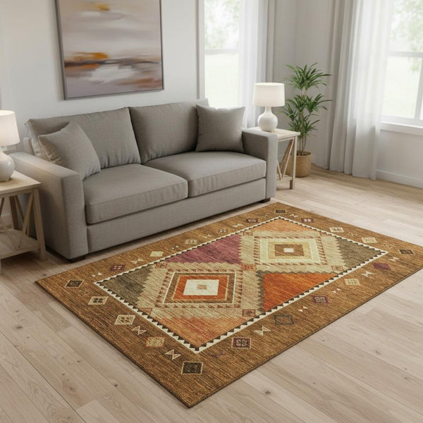 HomeRoots 5' X 8' Geometric Washable Area Rug in Brown, Orange & Beige - UV Protected, Stain-Resistant Style 645638