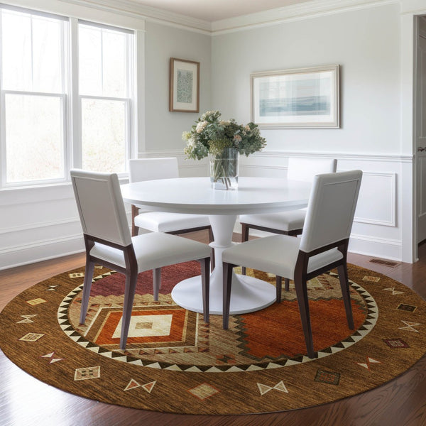 HomeRoots 8' Brown Orange Beige Geometric Washable Round Rug - UV Resistant, Stain-Proof, Durable Design 645639