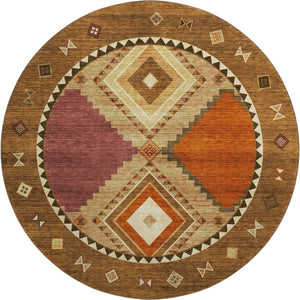 HomeRoots 8' Brown Orange Beige Geometric Washable Round Rug - UV Resistant, Stain-Proof, Durable Design 645639