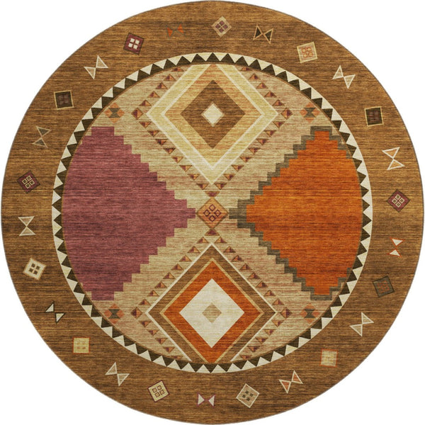HomeRoots 8' Brown Orange Beige Geometric Washable Round Rug - UV Resistant, Stain-Proof, Durable Design 645639