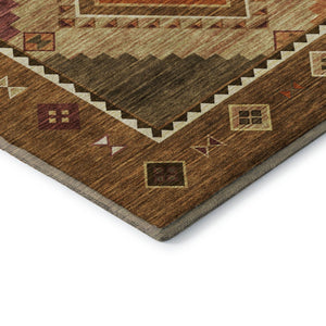HomeRoots 8' Brown Orange Beige Geometric Washable Round Rug - UV Resistant, Stain-Proof, Durable Design 645639