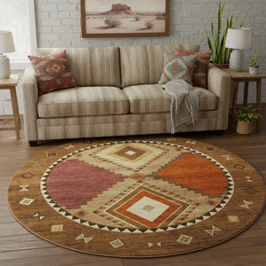HomeRoots 8' Brown Orange Beige Geometric Washable Round Rug - UV Resistant, Stain-Proof, Durable Design 645639