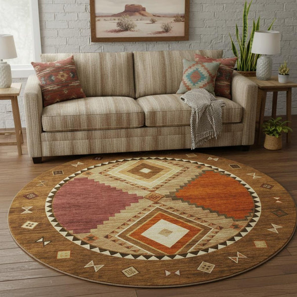 HomeRoots 8' Brown Orange Beige Geometric Washable Round Rug - UV Resistant, Stain-Proof, Durable Design 645639