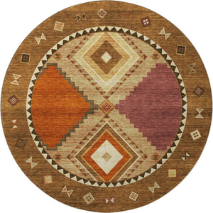 HomeRoots 8' Brown Orange Beige Geometric Washable Round Rug - UV Resistant, Stain-Proof, Durable Design 645639