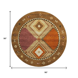 HomeRoots 8' Brown Orange Beige Geometric Washable Round Rug - UV Resistant, Stain-Proof, Durable Design 645639