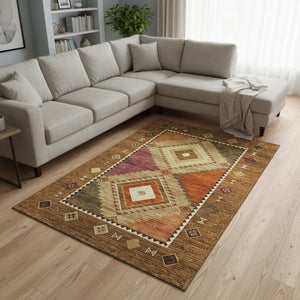 HomeRoots 8' X 10' Stylish Brown, Orange & Beige Geometric Washable Area Rug with UV Protection & Durability 645640