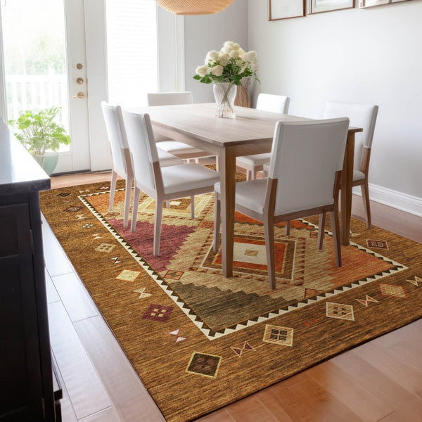 HomeRoots 8' X 10' Stylish Brown, Orange & Beige Geometric Washable Area Rug with UV Protection & Durability 645640