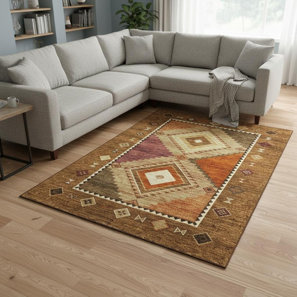 HomeRoots 9' X 12' Geometric Washable Area Rug in Earthy Brown, Orange & Beige with UV Protection & Style 645641
