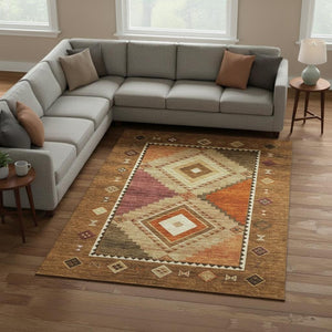 HomeRoots 10' X 14' Stylish Brown Orange Beige Geometric Area Rug - UV Protected, Washable & Stain Resistant! 645642