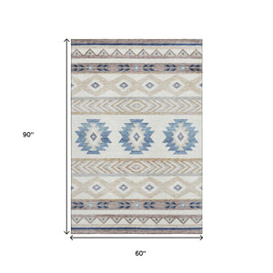 HomeRoots 5' X 8' Durable Taupe Ivory And Blue Geometric Area Rug - Washable, UV Resistant, Ideal for Homes 645644