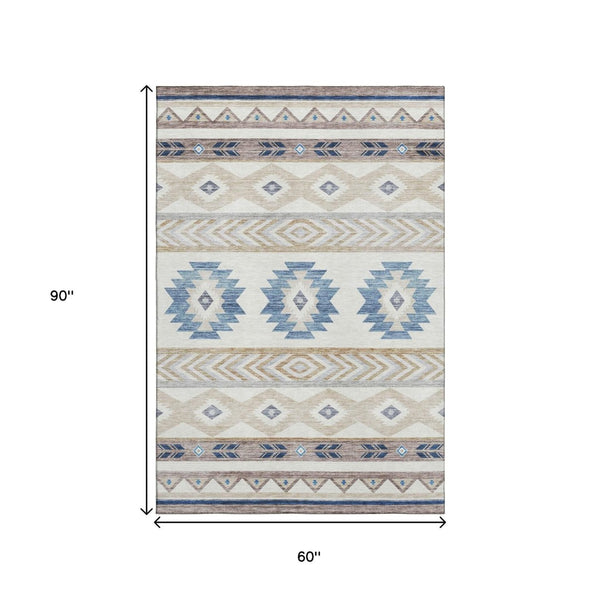 HomeRoots 5' X 8' Durable Taupe Ivory And Blue Geometric Area Rug - Washable, UV Resistant, Ideal for Homes 645644