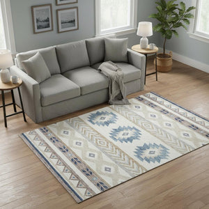 HomeRoots 5' X 8' Durable Taupe Ivory And Blue Geometric Area Rug - Washable, UV Resistant, Ideal for Homes 645644