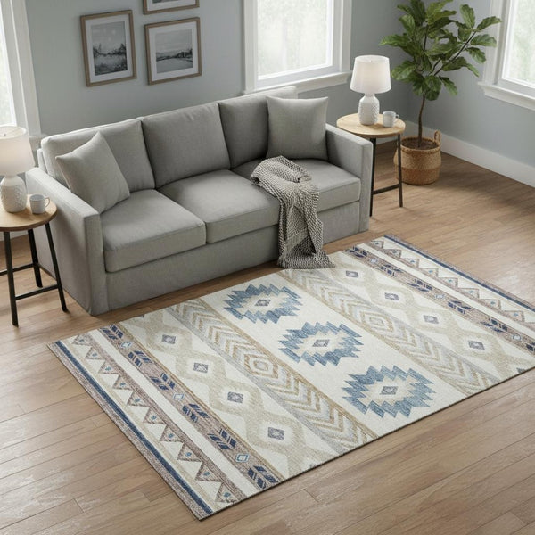 HomeRoots 5' X 8' Durable Taupe Ivory And Blue Geometric Area Rug - Washable, UV Resistant, Ideal for Homes 645644