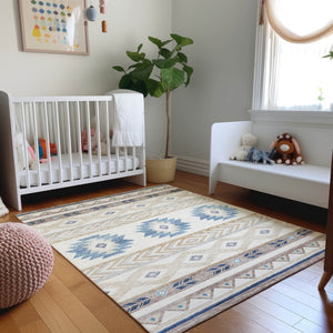 HomeRoots 5' X 8' Durable Taupe Ivory And Blue Geometric Area Rug - Washable, UV Resistant, Ideal for Homes 645644