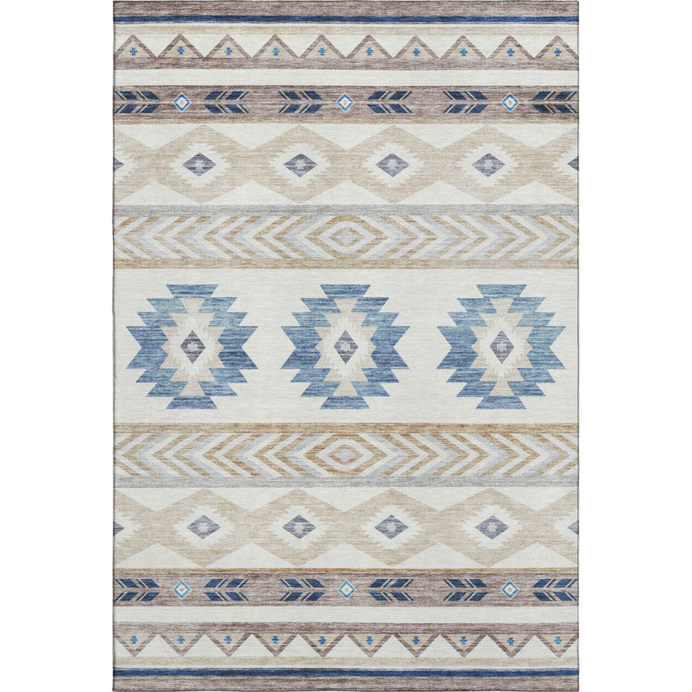 HomeRoots 5' X 8' Durable Taupe Ivory And Blue Geometric Area Rug - Washable, UV Resistant, Ideal for Homes 645644
