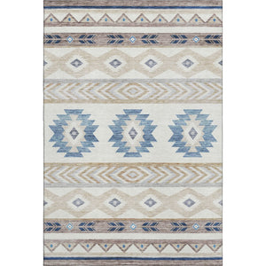HomeRoots 5' X 8' Durable Taupe Ivory And Blue Geometric Area Rug - Washable, UV Resistant, Ideal for Homes 645644